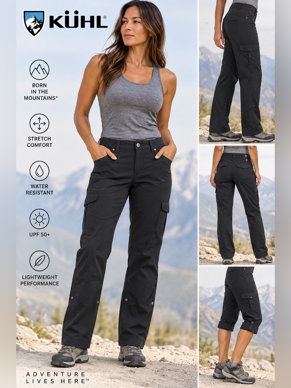 KÜHL Freeflex Roll-Up Pants Black Charcoal Cargo Hiking Outdoor 10